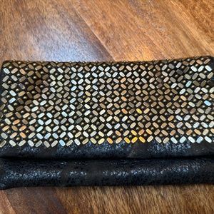 Calleen Cordero "Sula" clutch deep brown textured suede with gold hardware